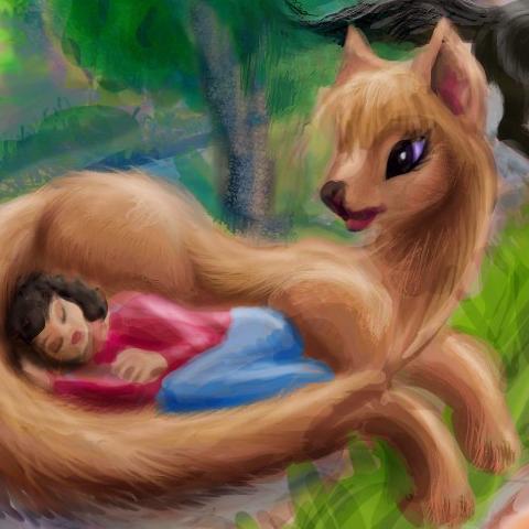 Tired, I split: become a big creature curled protectively round human me. Detail of dream sketch by Wayan.