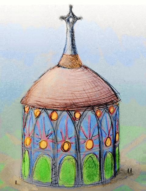 Round stained-glass chapel, the Palace of Good Policy. Dream sketch by Wayan. Click to enlarge.