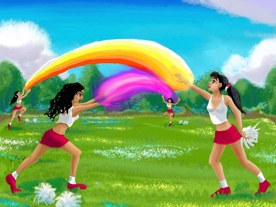 Cheerleaders pair off to anchor rainbows. Digital dream sketch by Wayan. Click to enlarge.