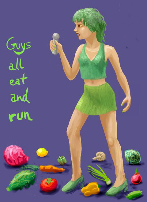 Woman in green--really a talking salad--tells of her dating disasters. Dream sketch by Wayan. Click to enlarge.