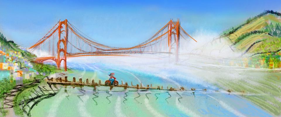 I bike on a half-sunk pier; Golden Gate behind. Dream sketch by Wayan. Click to enlarge.