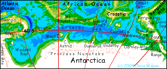 Map of the Atlantic and African coasts of Antarctica, on Siphonia, a study of the Earth with 90% of its water drained away.