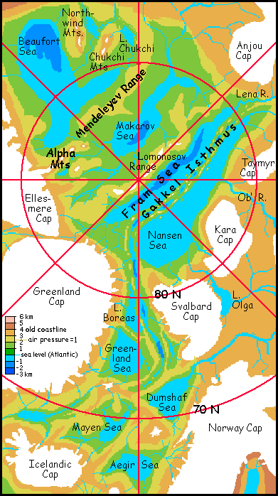 A close-up altitude map of the polar basins on Siphonia, a study of the Earth with 90% of its water drained away.