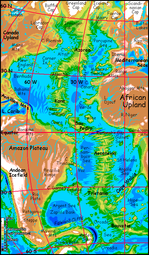 Map of the sinuous Atlantic Basin on Siphonia, a study of the Earth with 90% of its water drained away.