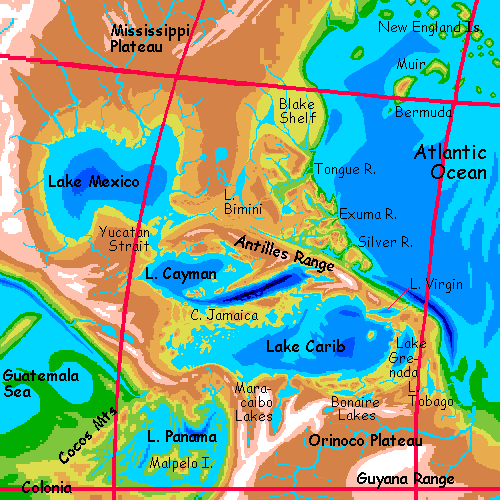 Map of the Caribbean region with 90% of Earth's oceans removed: a series of deep high-altitude lakes fill the Gulf and Caribbean basins