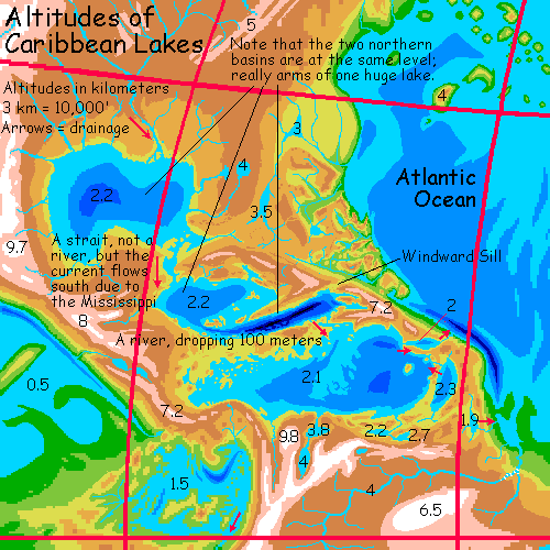 Drainage map of the Caribbean region with 90% of Earth's oceans removed: a series of deep high-altitude lakes fill the Gulf and Caribbean basins.