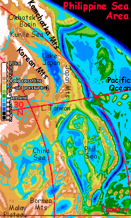 Map of the East Asian Seas on Siphonia, a study of the Earth with 90% of its water drained away.