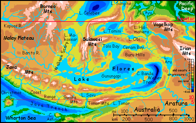 Map of the Javan Seas on Siphonia, a study of the Earth with 90% of its water drained away. Click for wordless version.