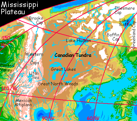 Map of the Mississippi Plateau on Siphonia, a study of the Earth with 90% of its water drained away.