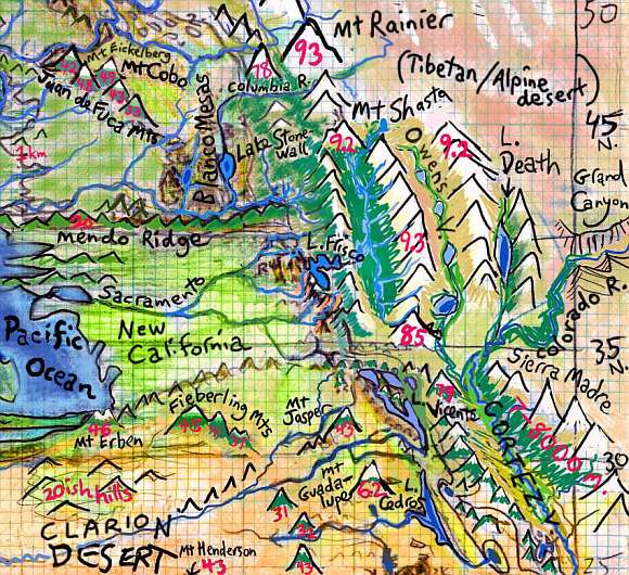 Sketchmap of the canyons of western Mexico and California, on Siphonia, a study of the Earth with 90% of its water drained away.