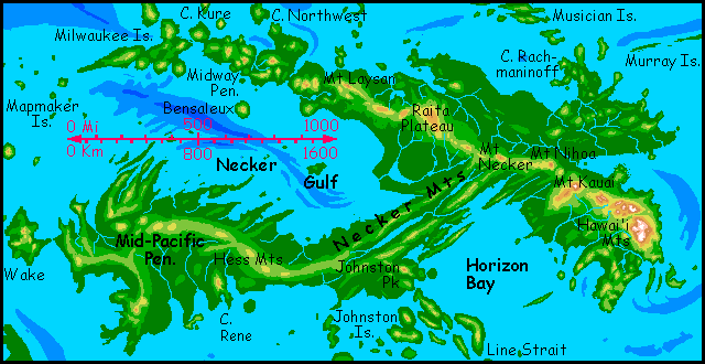 Map of the continent of Hawai'i, on Siphonia, an Earth with 90% of its water siphoned off. Sea level here is 4.9 km below Earth's.