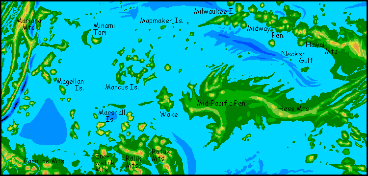 Rough map of the Pacific islands west of the continent of Hawai'i and Wake Island: the Marcus, Magellan, Minami Tori, Mapmaker and Marshall Islands, on Siphonia, an Earth with 90% of its water siphoned off. Sea level here is 4.9 km below Earth's.