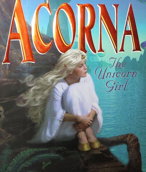 Cover of 'Acorna' by Ann McCaffrey; a bipedal humanoid girl with hooves, pointed ears and horn.