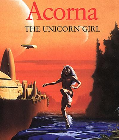 Cover of 'Acorna' by Ann McCaffrey. A girl with pointed ears, hooves and a single horn dances in silhouette.